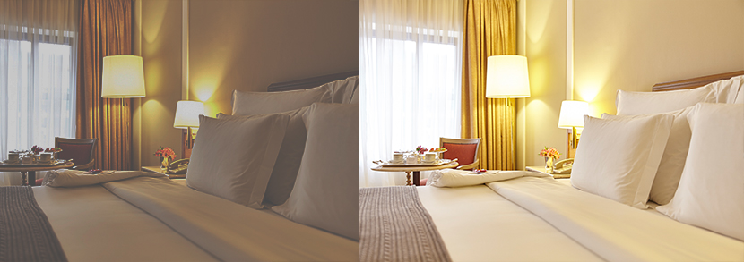 Image showing how proper lighting can improve how a hotel rooms looks in a photo
