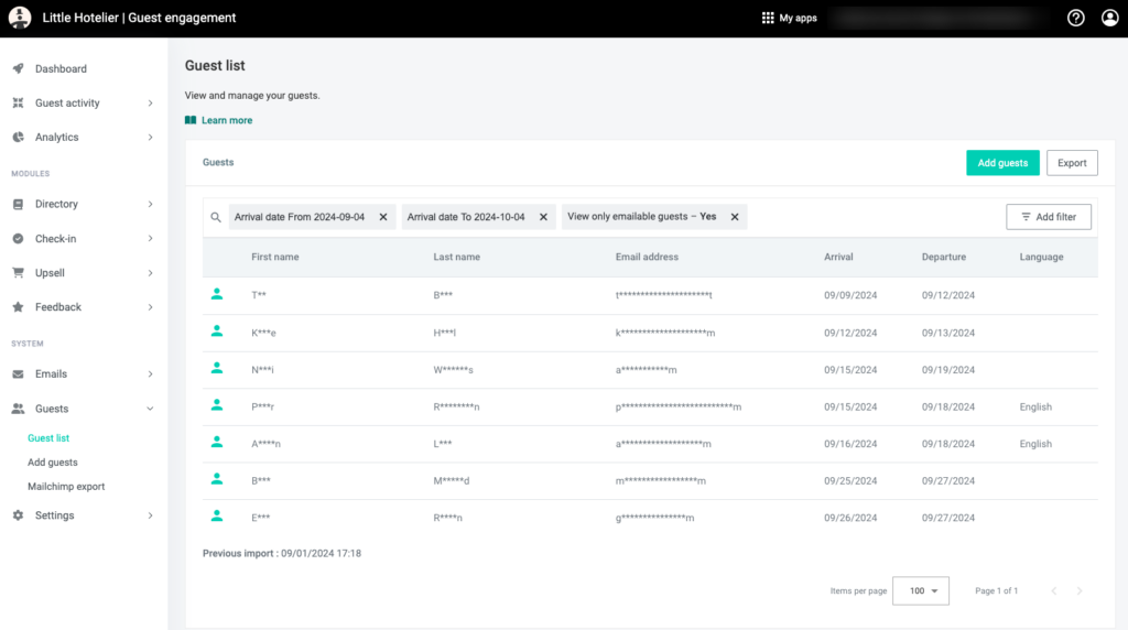 Little Hotelier rooming list